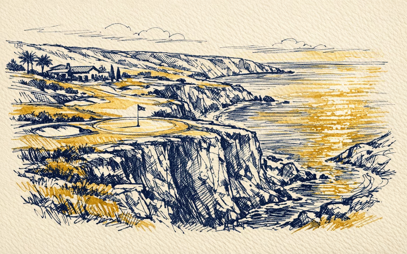 Illustration of the clifftop championship golf course at Aphrodite Hills above the sea