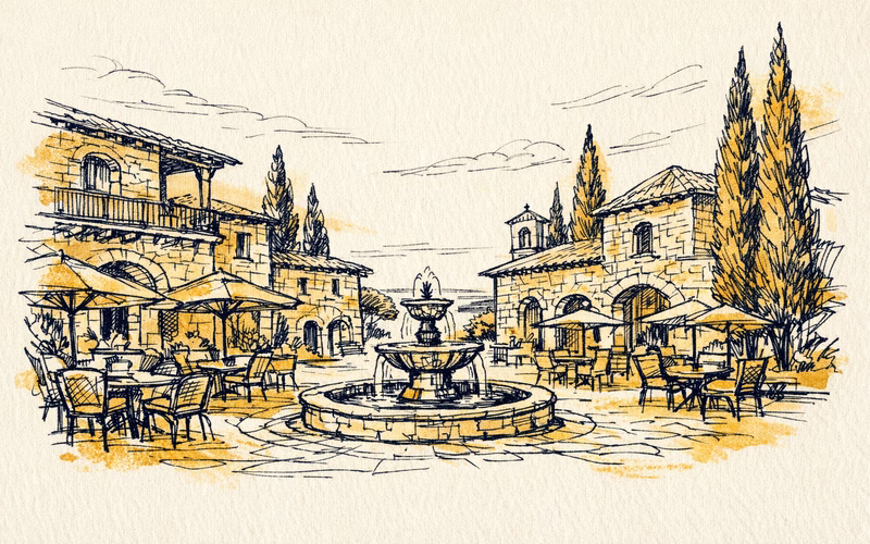 Illustration of the village square at Aphrodite Hills with stone buildings and cypress trees