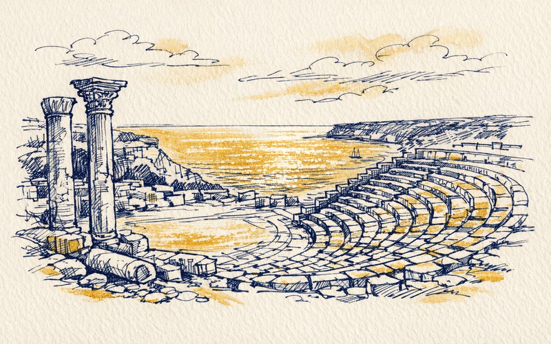 Illustration of the Greco-Roman theatre of Kourion on a cliff above the sea