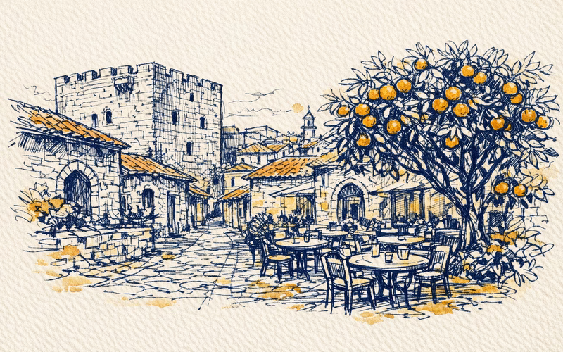Illustration of Limassol old town, the stone castle and cafe-lined lanes
