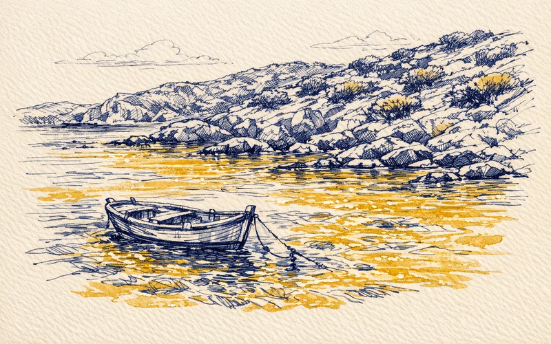 Illustration of the Blue Lagoon on the Akamas peninsula with a small boat on turquoise water