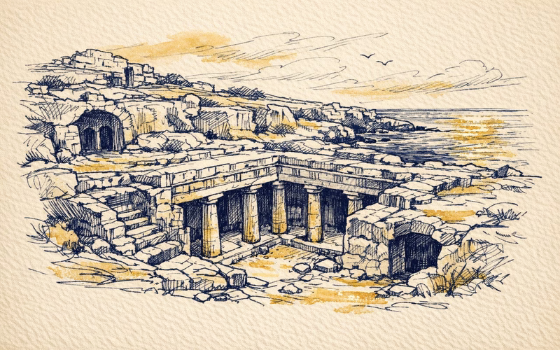 Illustration of the Tombs of the Kings near Paphos, rock-cut tombs above the sea